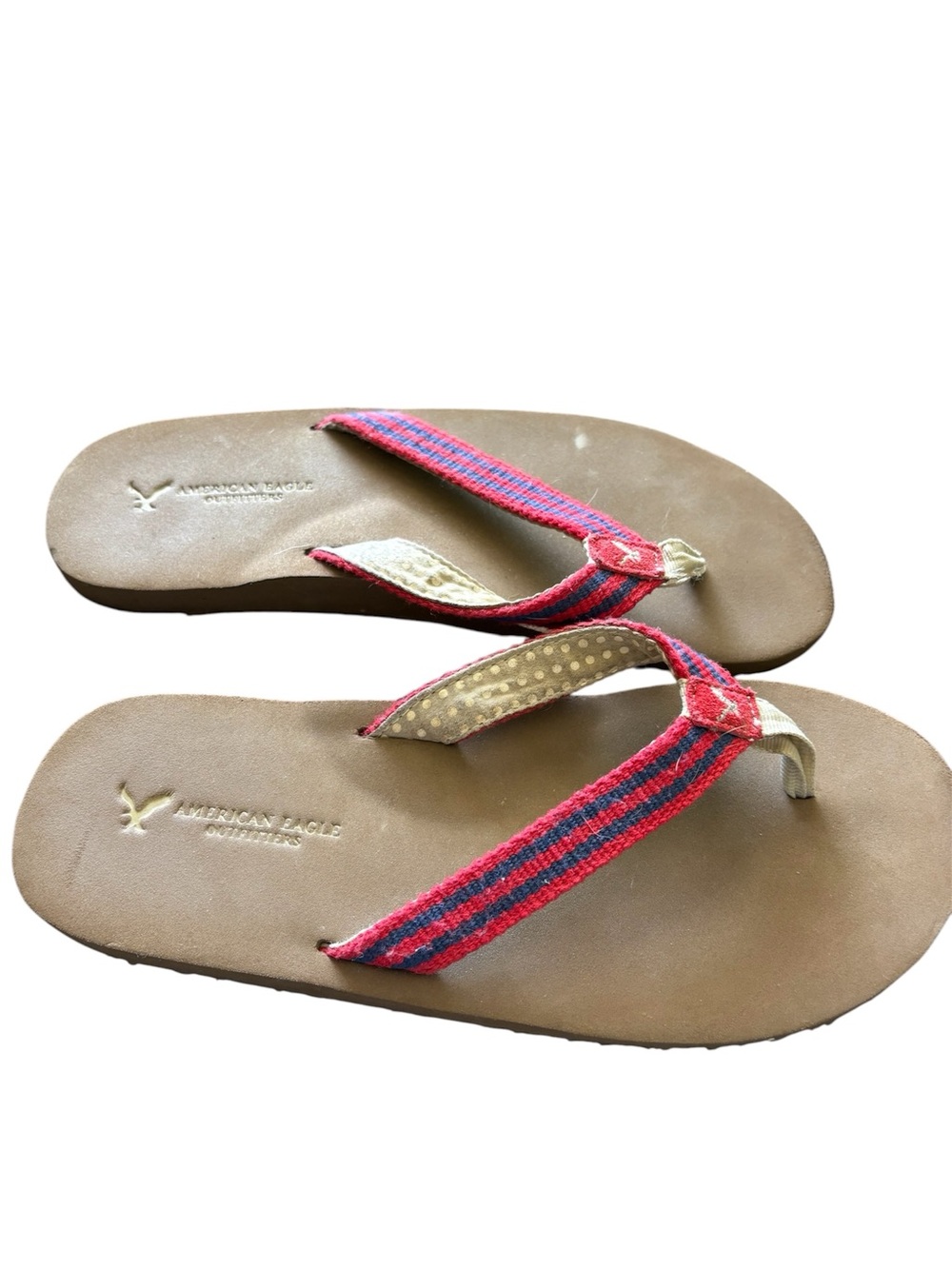 American Eagle Outfitters Brown Flip Flop Sandals with Red and Blue Straps